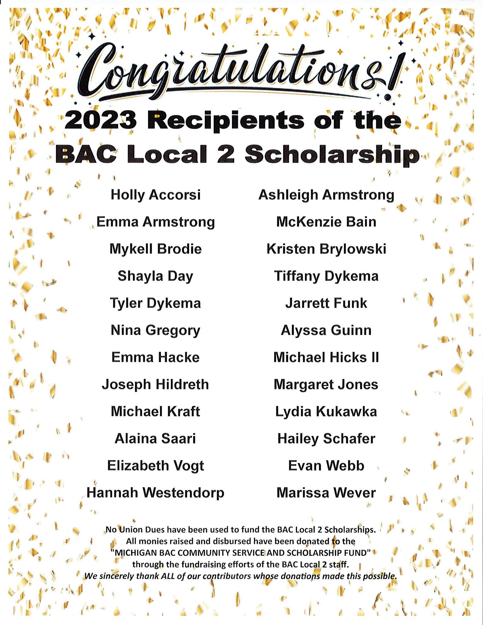 CONGRATULATIONS to the 2023 RECIPIENTS of the BAC Local 2 Scholarship!